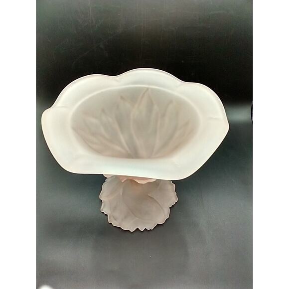 Vintage Imperial Lenox Pink Satin Frosted Glass Leaf Pedestal Candy Dish Marked - Picture 4 of 12